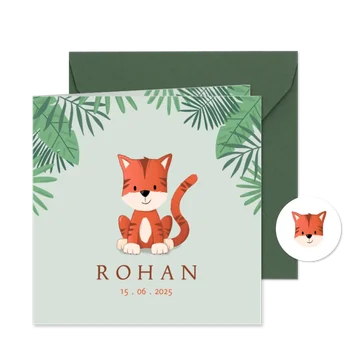 Hip geboortekaartje illustratie bohemian jungle tijger
